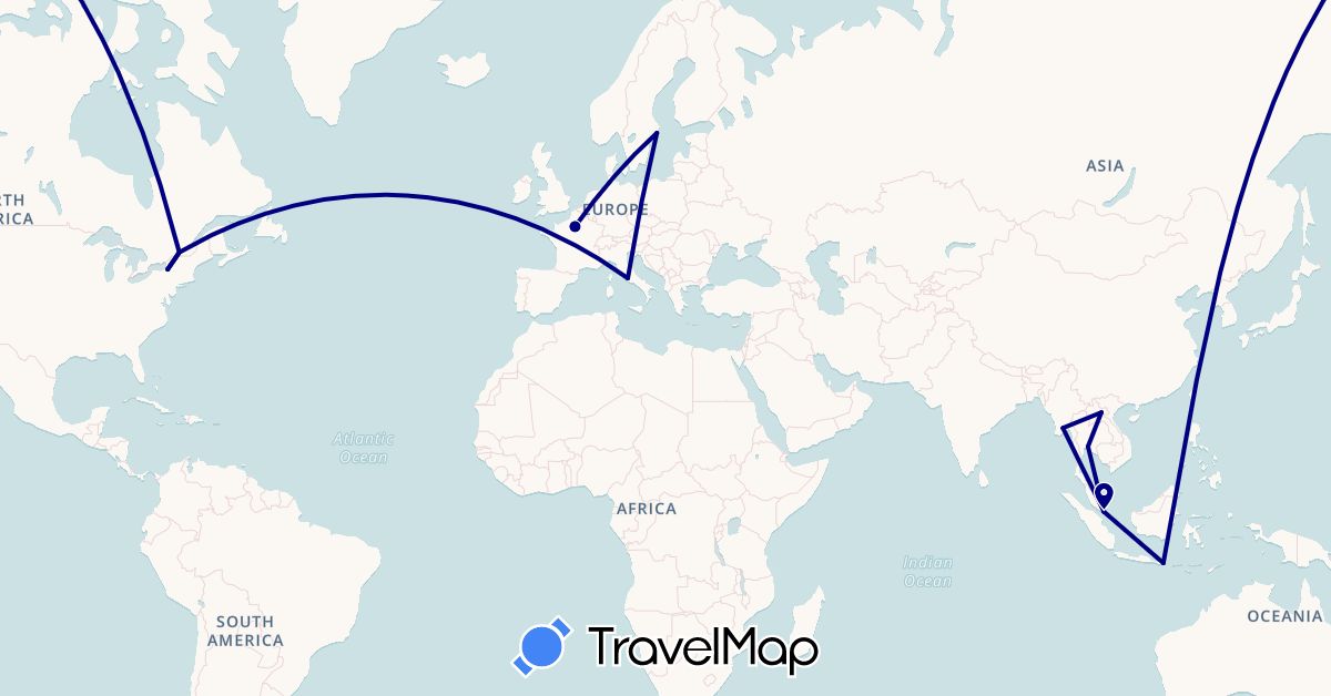 TravelMap itinerary: driving in Canada, France, Indonesia, Italy, Laos, Myanmar (Burma), Sweden, Singapore, Thailand, United States (Asia, Europe, North America)